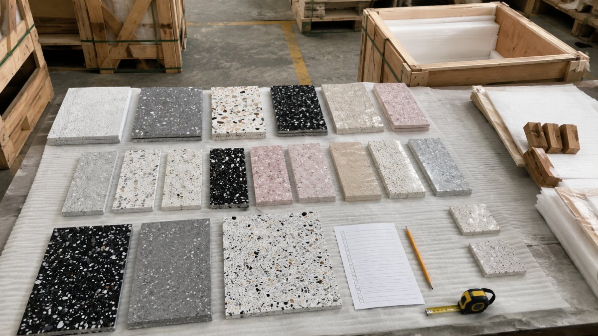 Terrazzo pieces checked with packing references before export