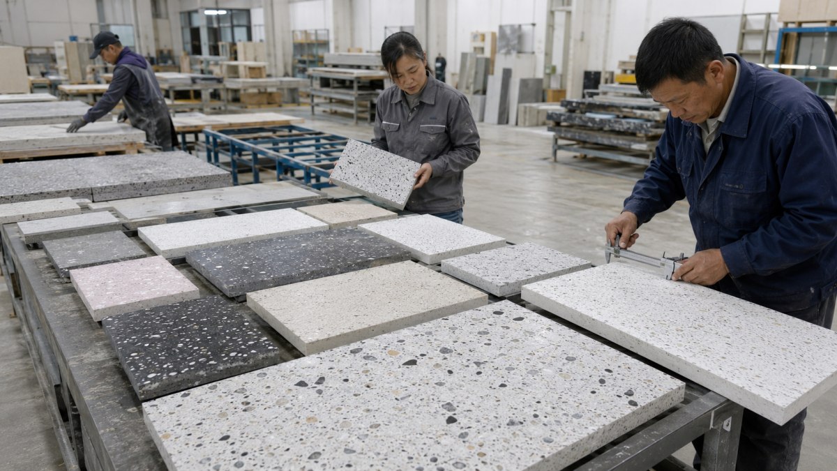 terrazzo-slab-fabrication-cut-to-size-inspection Terrazzo slab fabrication and cut-to-size piece inspection in factory