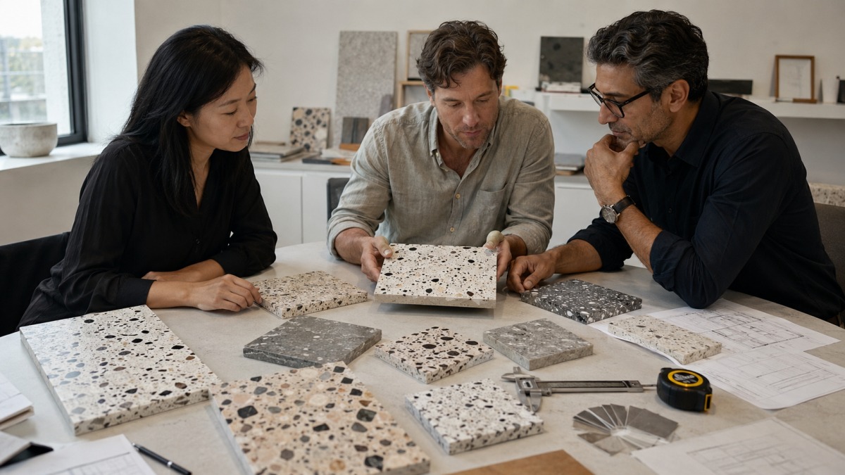 Project team reviewing terrazzo aggregate size and chip density samples