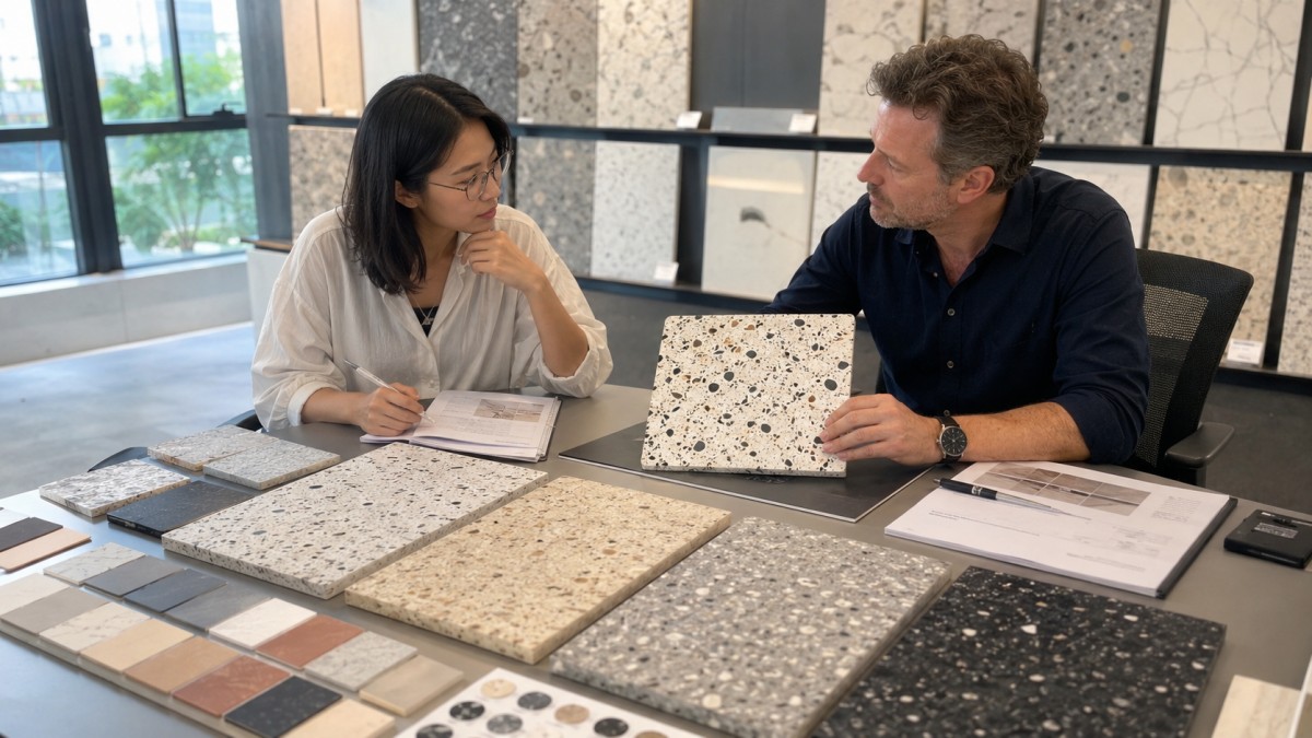 Terrazzo collection planning for importers with sample boards and color range review
