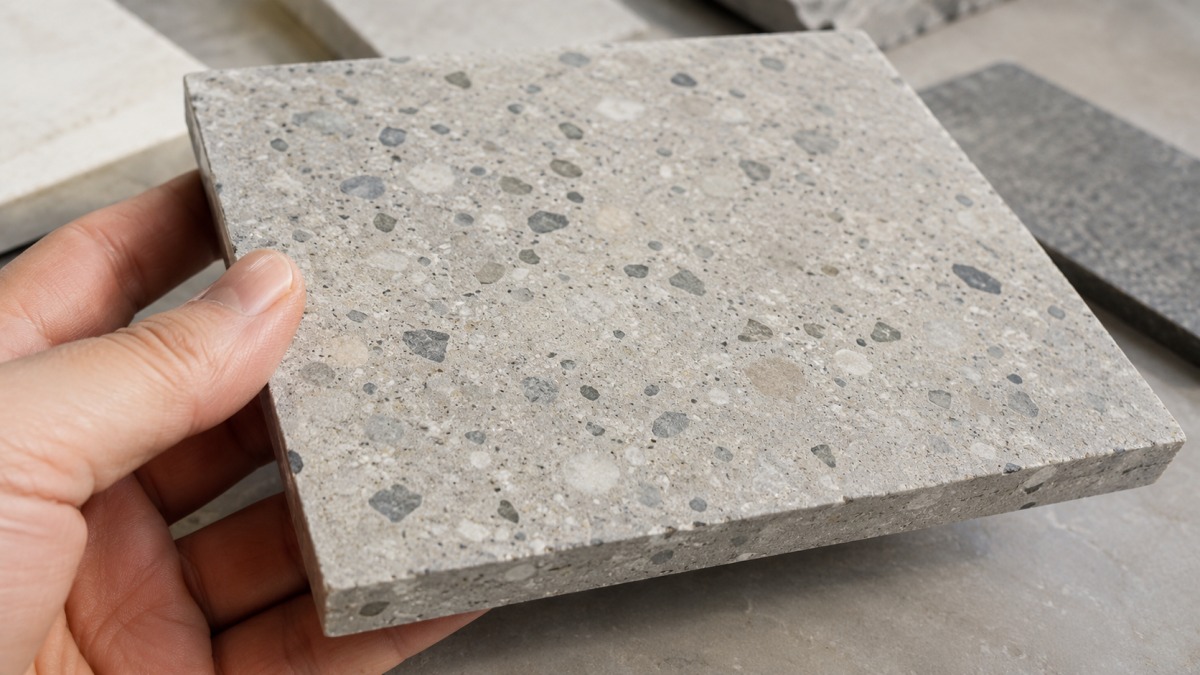 honed-terrazzo-matte-surface-sample Honed terrazzo sample with matte surface reviewed under natural light