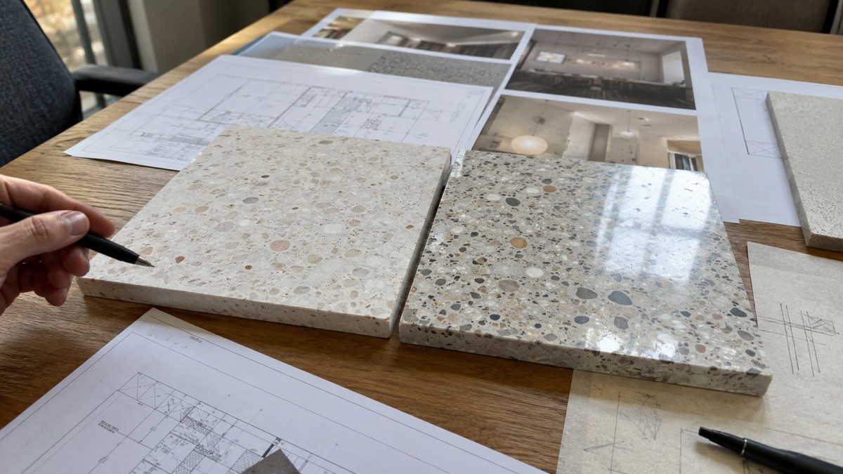 terrazzo-finish-comparison-drawings Honed and polished terrazzo samples compared with drawings and lighting review