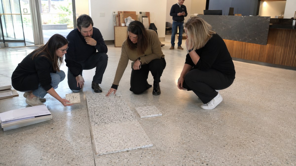 Terrazzo flooring sample reviewed for a commercial lobby application