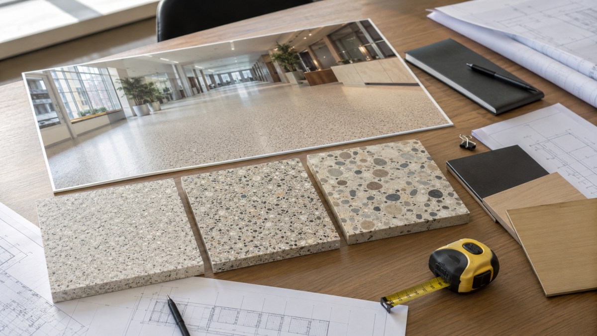 Terrazzo flooring aggregate size and chip density reviewed before approval