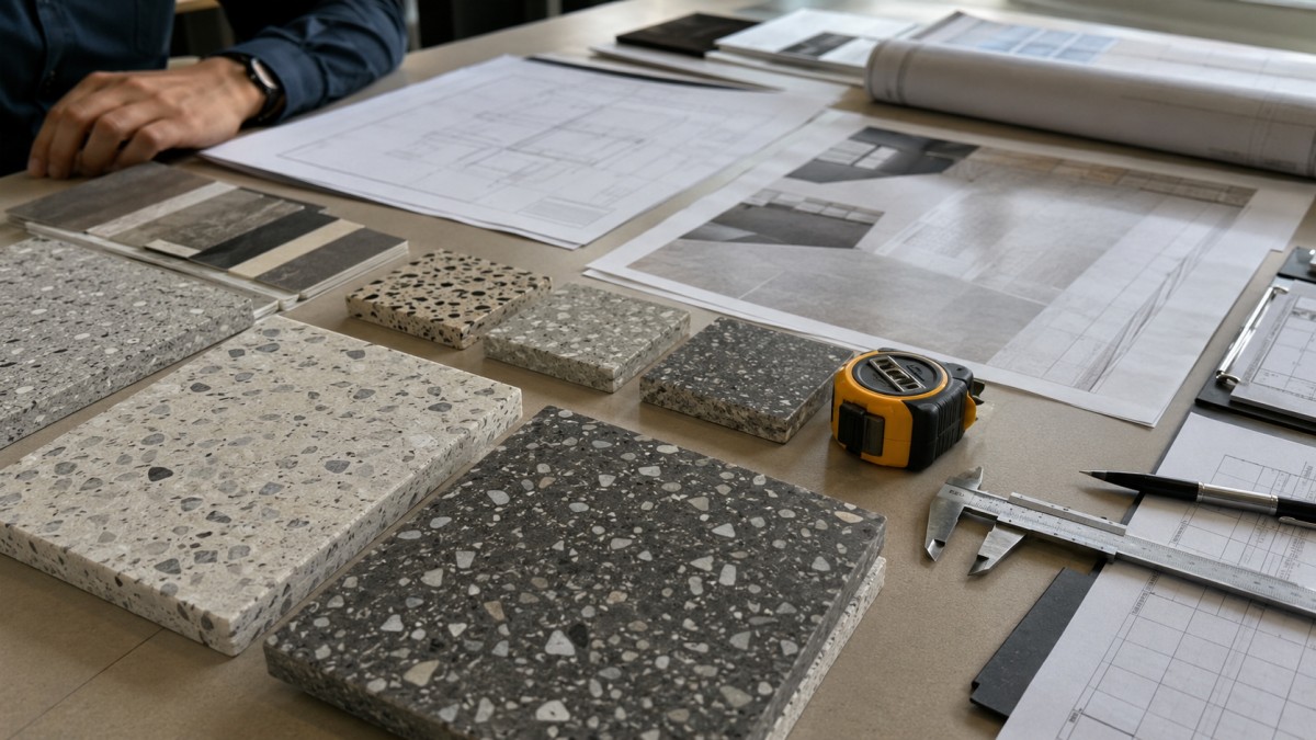 Terrazzo flooring approval checklist with drawings samples and measuring tools