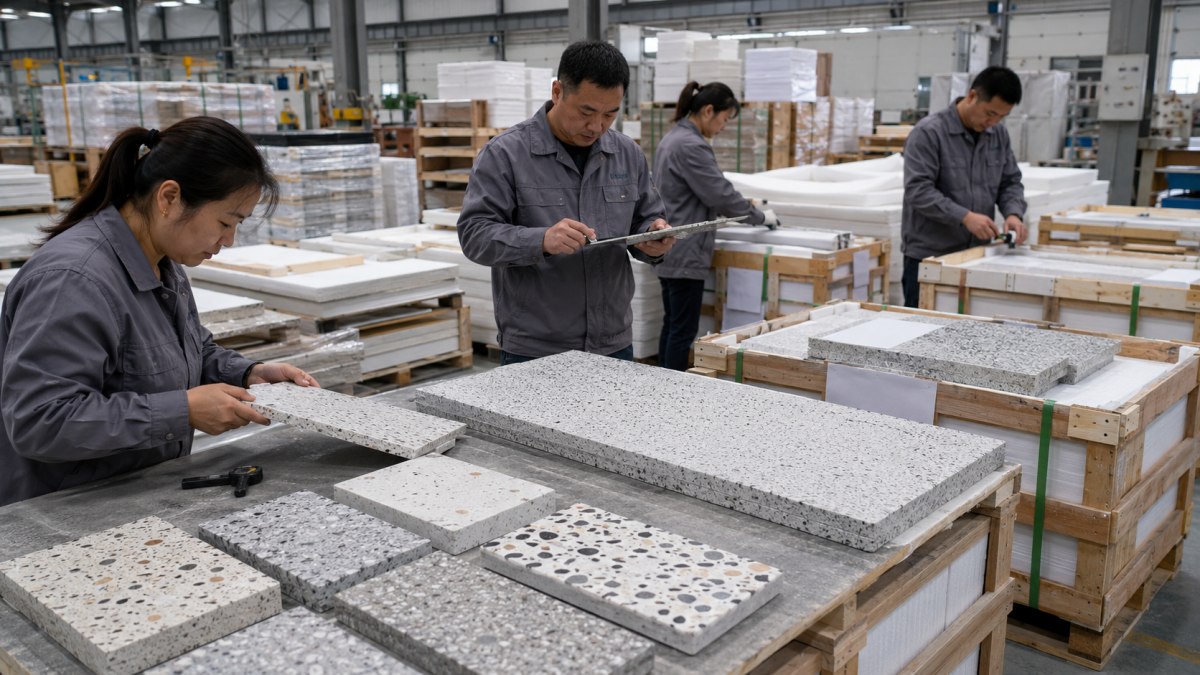 Terrazzo flooring tiles inspected and packed before international shipment