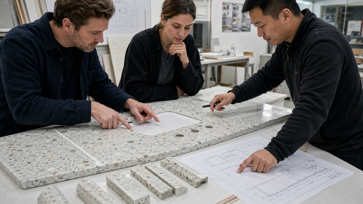 Terrazzo countertop drawings sink template and edge details reviewed before fabrication