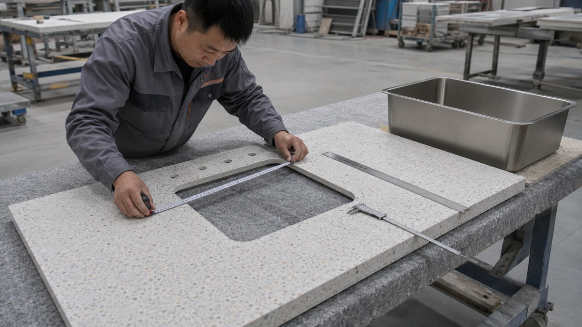 Terrazzo countertop sink cutout radius faucet holes and edge distances inspected before shipment