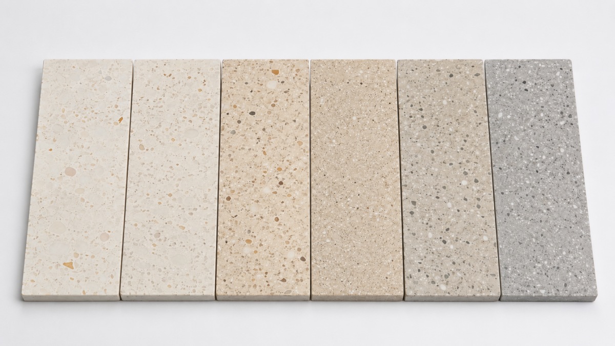 Aoli Stone warm neutral terrazzo samples in cream beige greige and warm grey tones