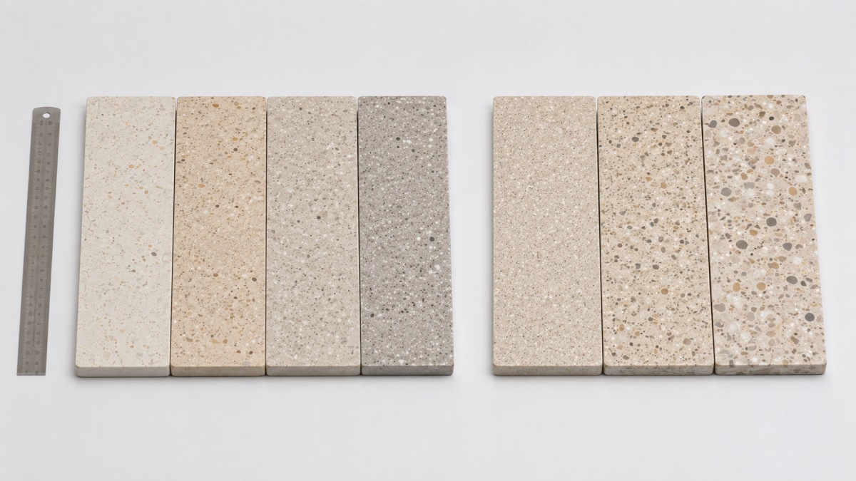 Warm neutral terrazzo samples showing different base undertones and aggregate scales