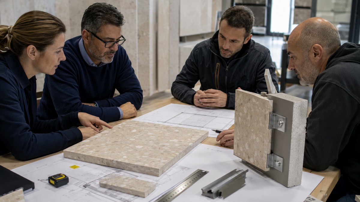 terrazzo-wall-panel-pre-fabrication-review Project team reviewing terrazzo wall panel weight joints and fixing details before fabrication