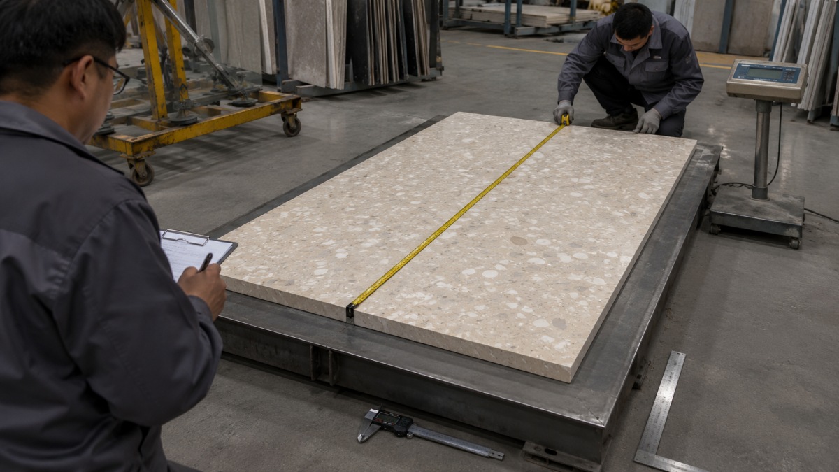 terrazzo-wall-panel-weight-verification Technician checking the weight and dimensions of a terrazzo wall panel before production approval