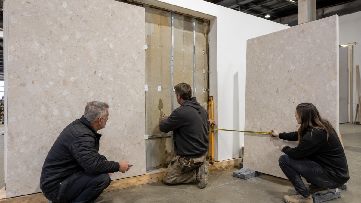 terrazzo-wall-panel-substrate-fixing-review Project team reviewing wall substrate and terrazzo panel fixing conditions before fabrication