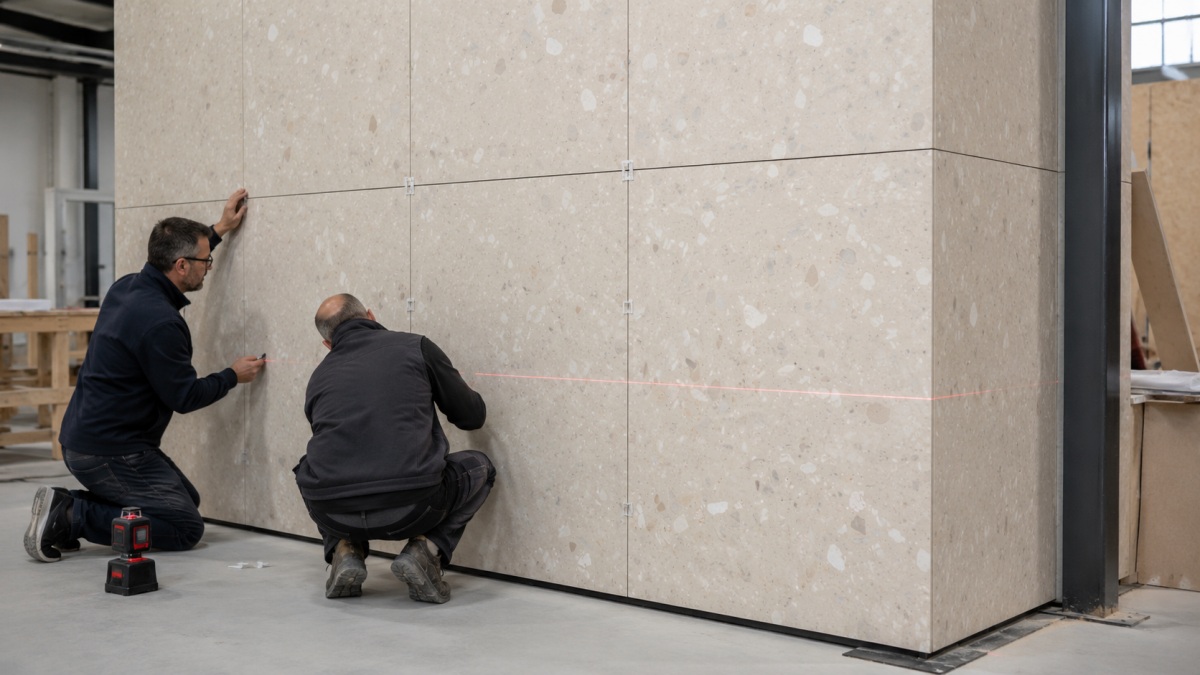 terrazzo-panel-joint-interface-mockup Terrazzo wall panel mock-up used to review joints corners and material interfaces