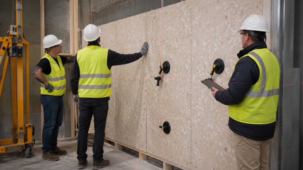 terrazzo-wall-panel-installation-mockup-review Installer checking alignment support and joints on a terrazzo wall panel mock-up