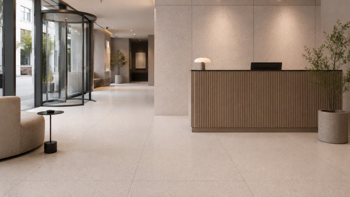 fine-aggregate-terrazzo-commercial-floor-wall-panels Fine-aggregate terrazzo used across a commercial floor and coordinated wall panels