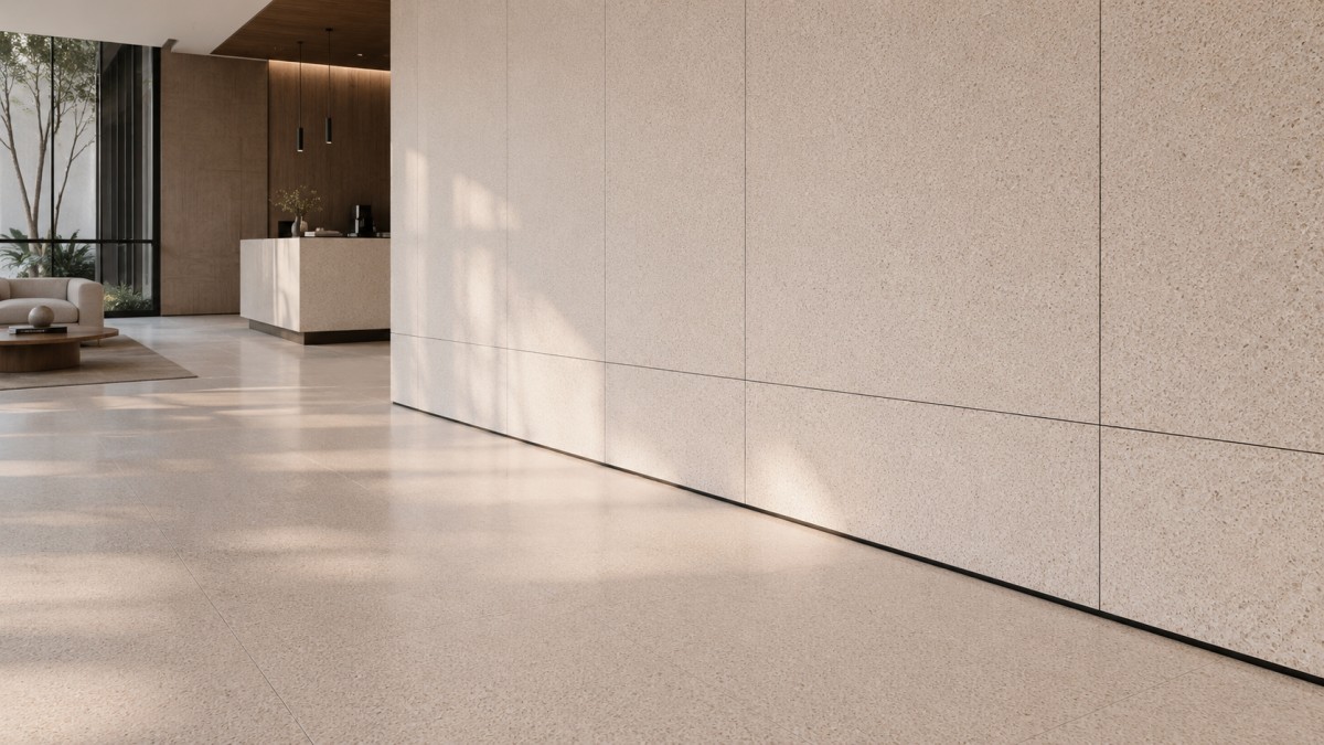 terrazzo-floor-wall-viewing-angle-comparison Comparison of terrazzo viewed at a floor angle and directly on a wall panel