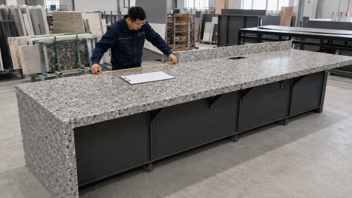 commercial-terrazzo-counter-support-seam-review Commercial terrazzo counter reviewed for seams, support, edges and equipment openings