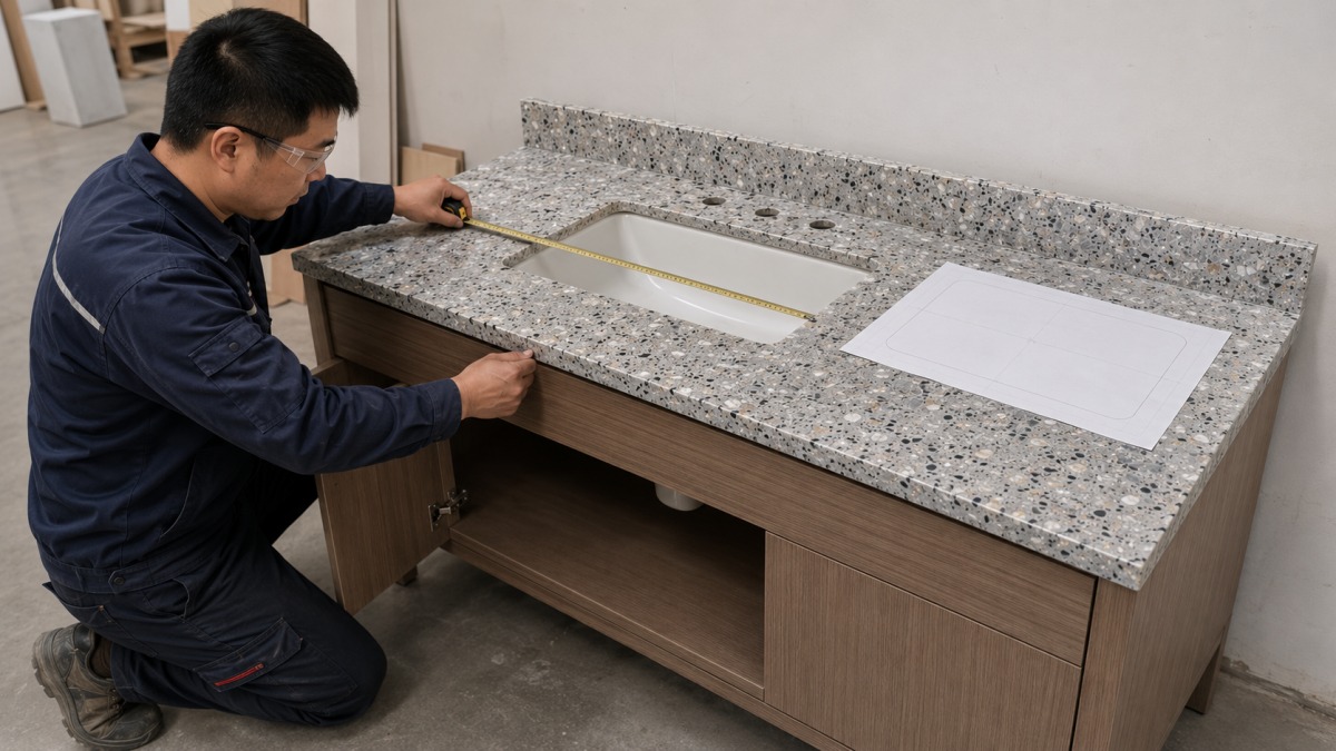 terrazzo-vanity-top-basin-faucet-backsplash-review Terrazzo vanity top reviewed with basin cutout, faucet holes and backsplash details