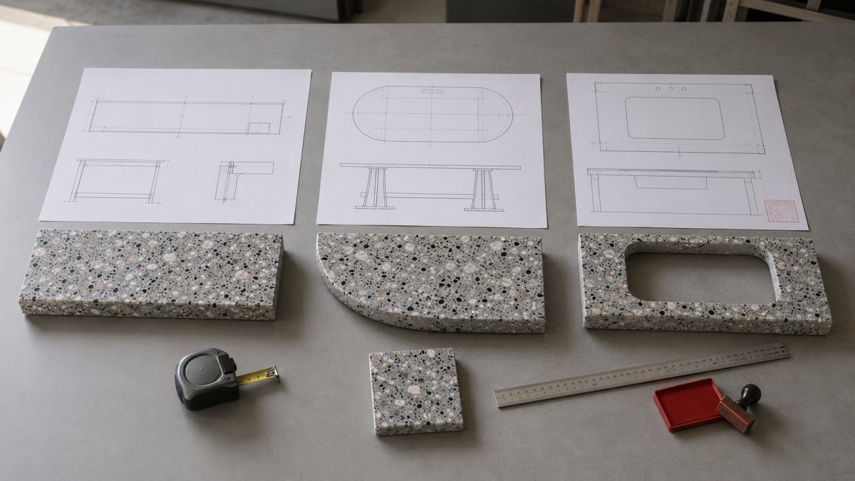 terrazzo-top-product-drawing-comparison Drawings and samples comparing a terrazzo counter, tabletop and vanity top