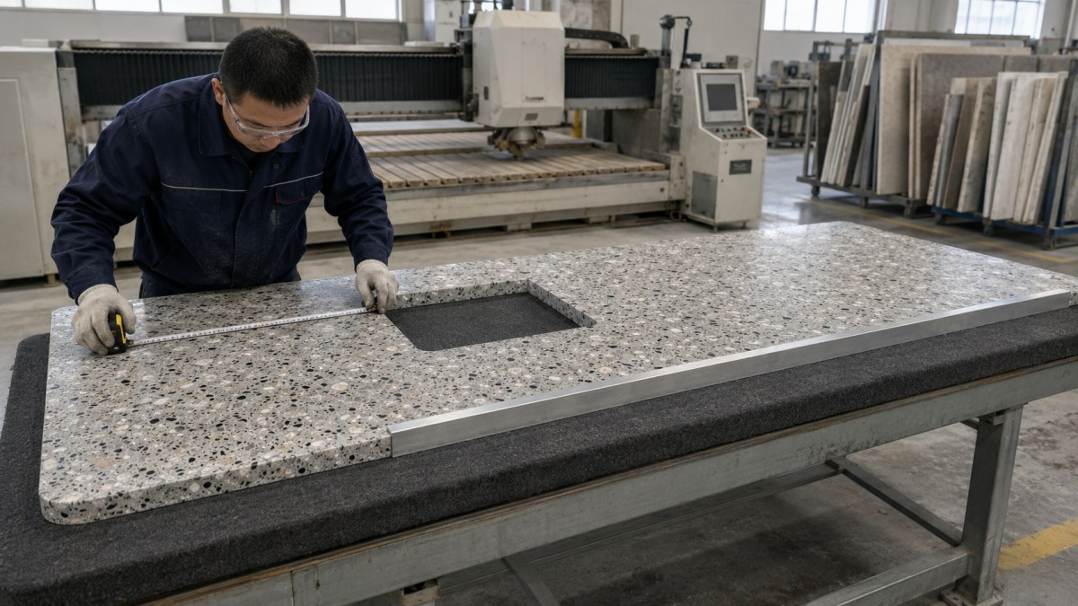 terrazzo-top-cutout-edge-dimension-inspection Cut-to-size terrazzo top inspected for dimensions, openings and finished edges