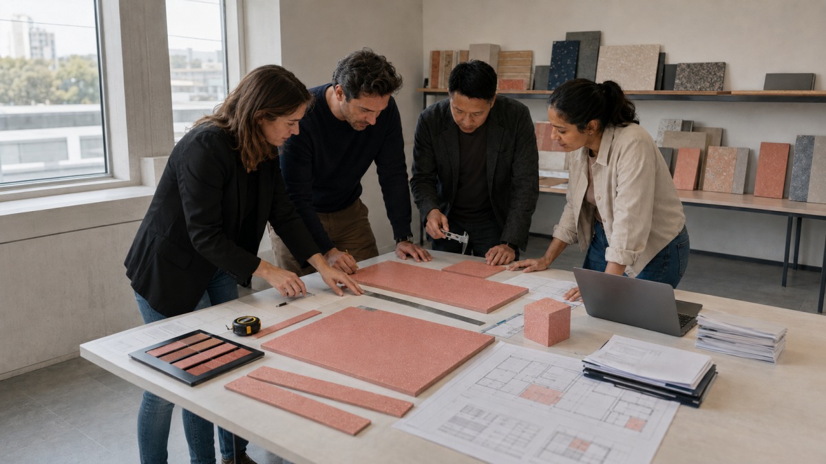 terrazzo-production-release-review Project buyer supplier and technical team reviewing terrazzo production release documents