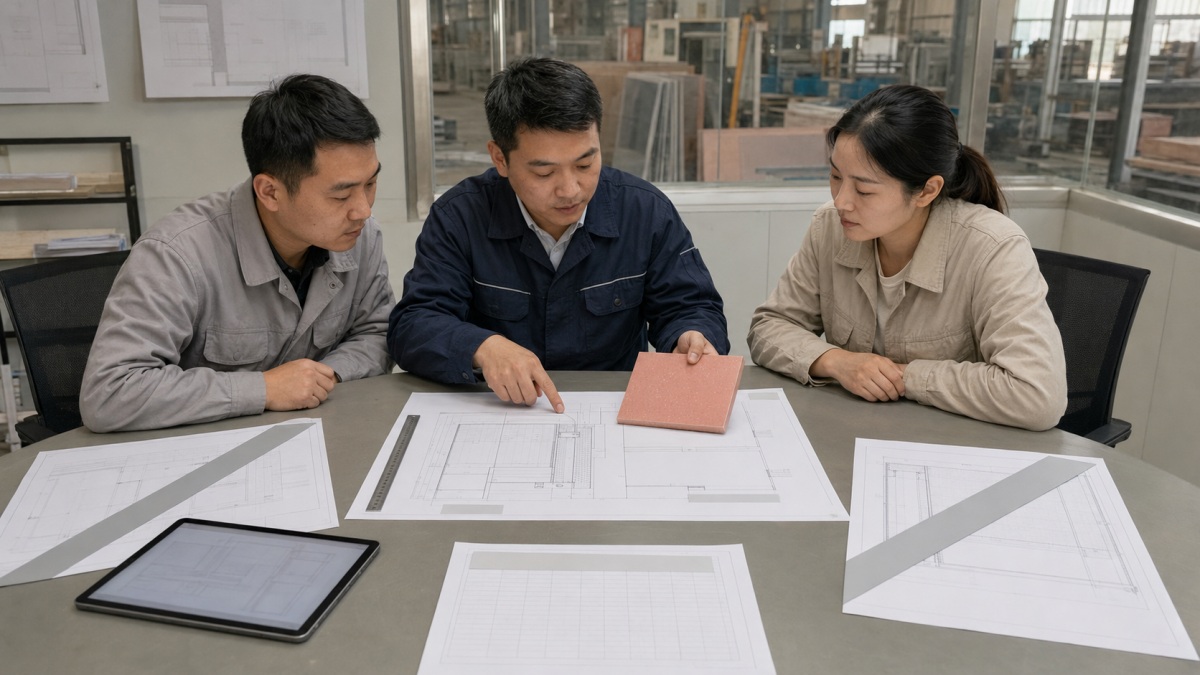 terrazzo-drawing-revision-control Project team comparing terrazzo drawing revisions before production release