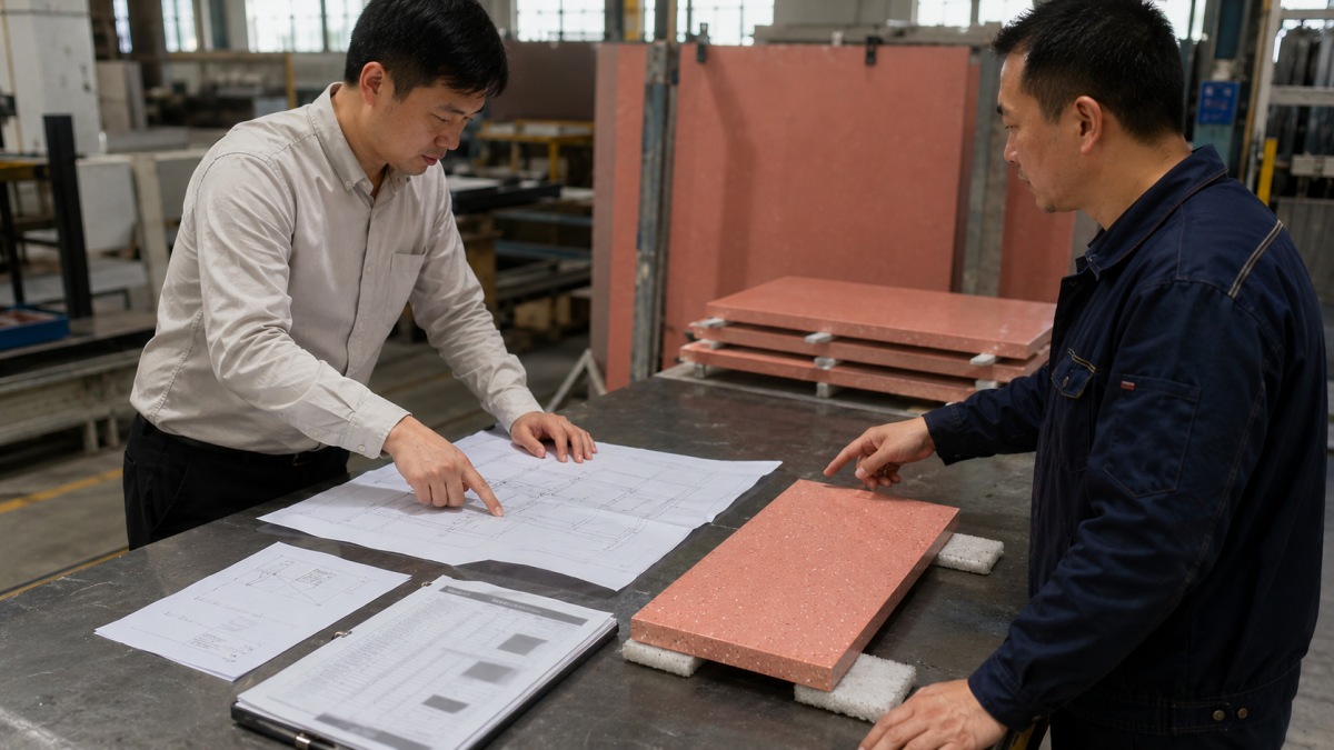 terrazzo-change-control-after-release Project team reviewing a terrazzo drawing change after production release