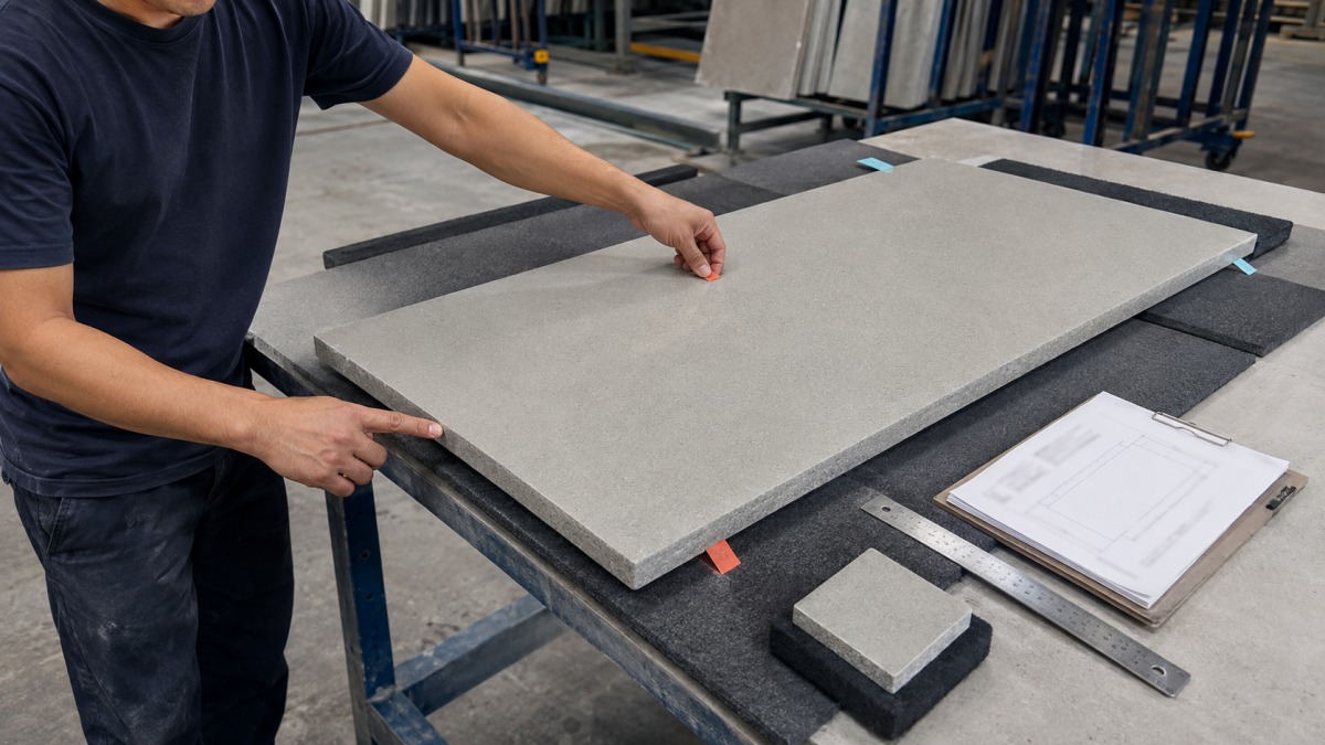 Terrazzo stair tread marked for front, open-side, wall-side and hidden edges