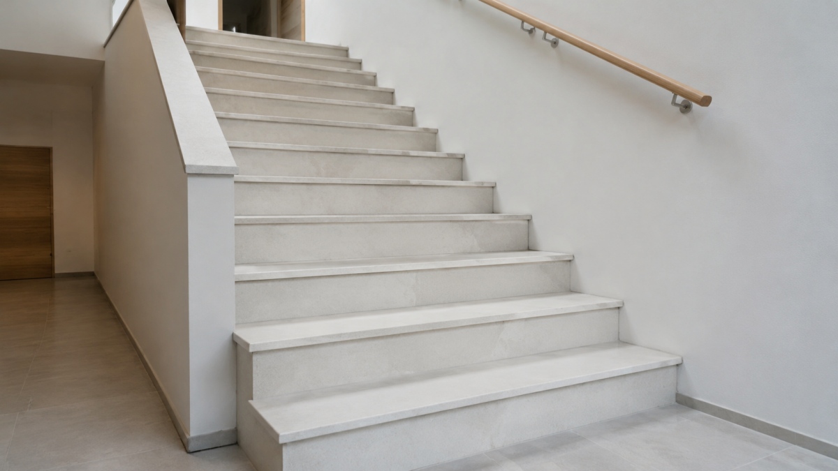 White limestone stair pieces with separately fabricated profiled nosing 