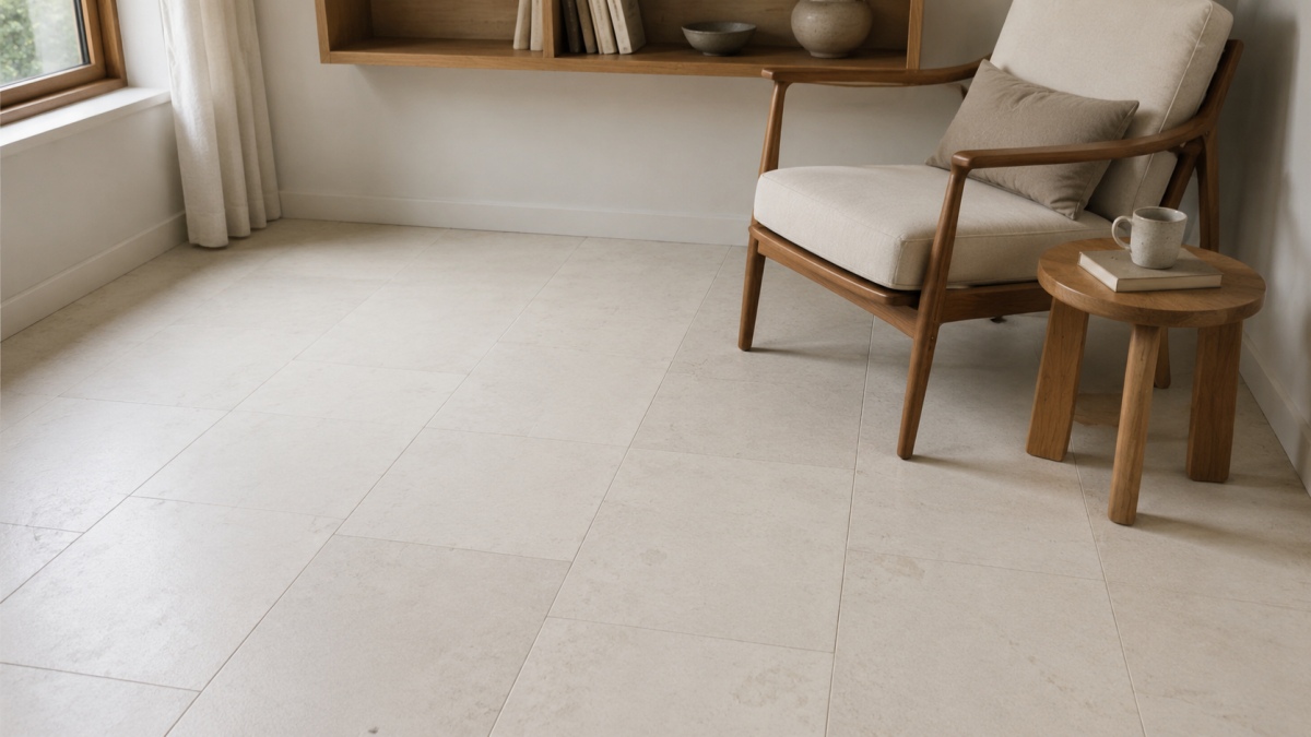 Conditional interior flooring concept using warm white limestone tiles