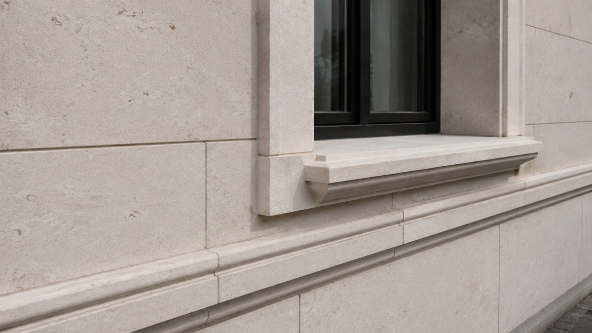 Moonlight Beige Limestone profiles and facade bands creating depth and natural shadow lines