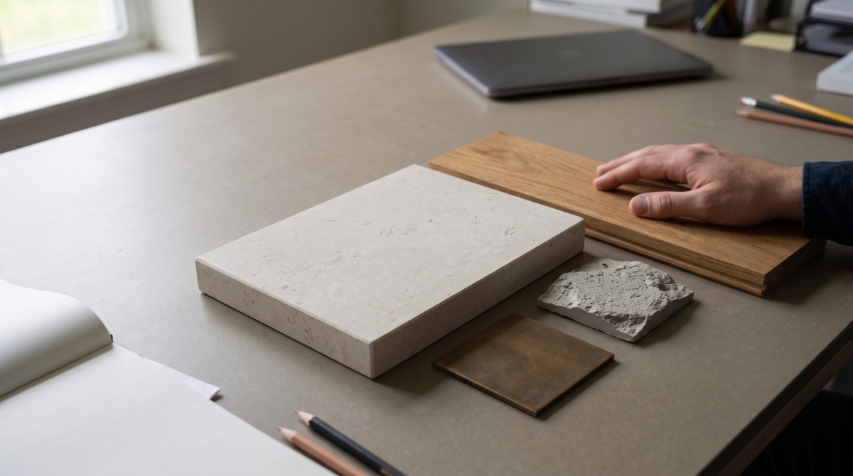 Moonlight Beige Limestone sample reviewed beside warm timber, bronze-toned metal and neutral plaster