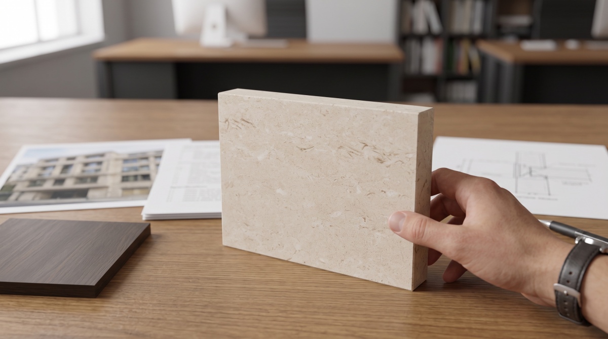 Limestone sample reviewed with an application image, finish direction and component sketch