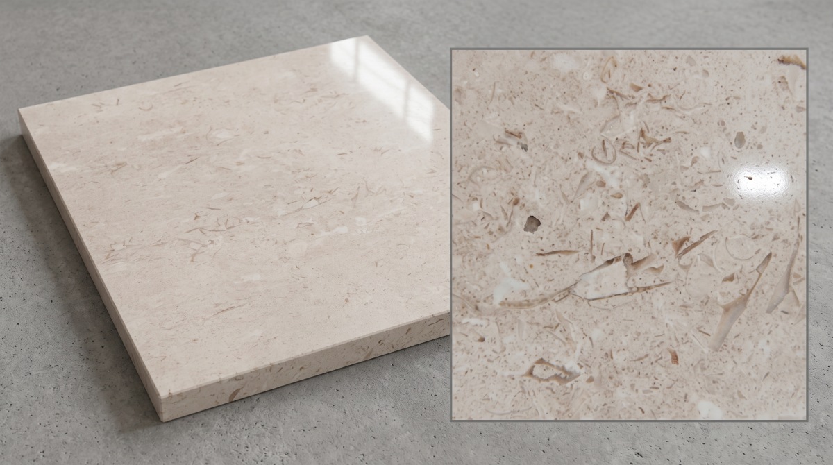  Representative CTM direction of Moonlight Beige Limestone shown as a full sample and close detail