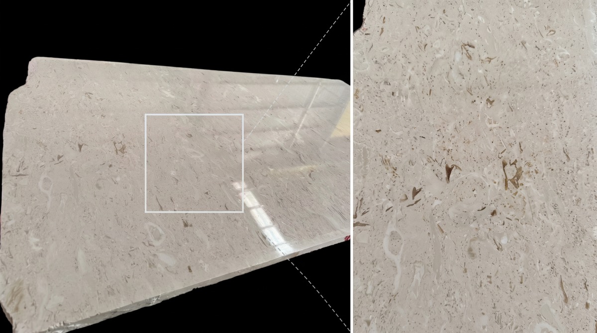 Representative Old Quarry direction of Moonlight Beige Limestone shown as a full sample and close detail