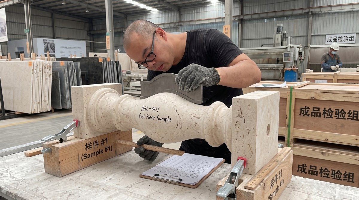 First Moonlight Beige Limestone baluster checked for profile, base and top connection