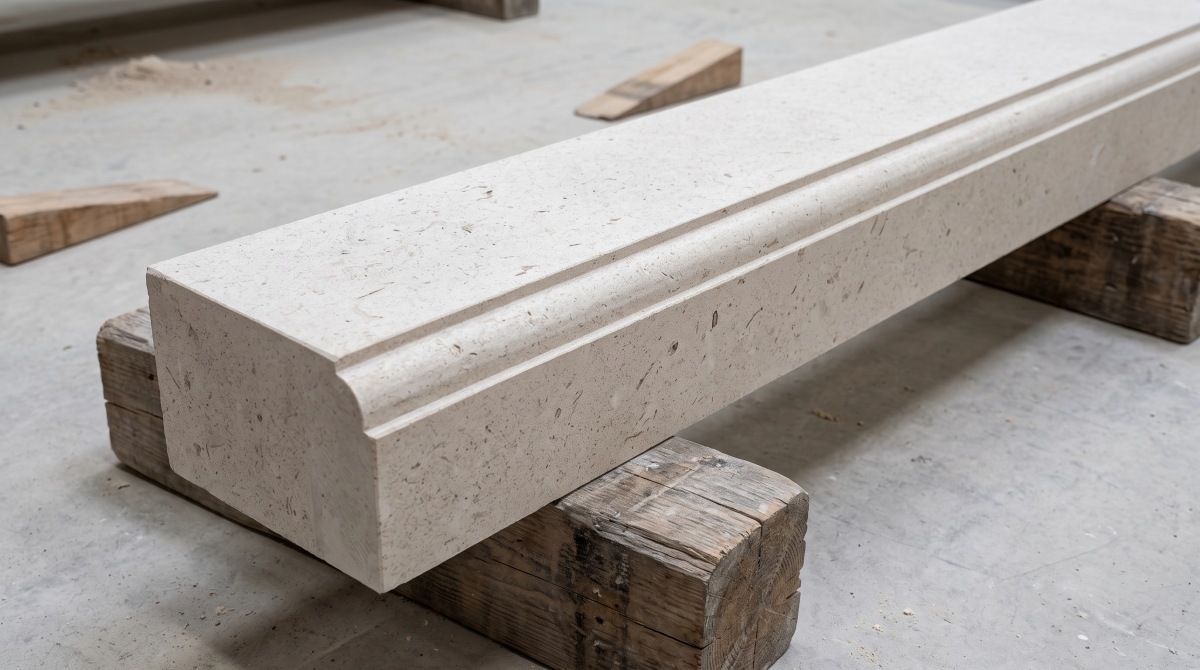 Moonlight Beige Limestone lower rail showing baluster seats, joints and visible edges