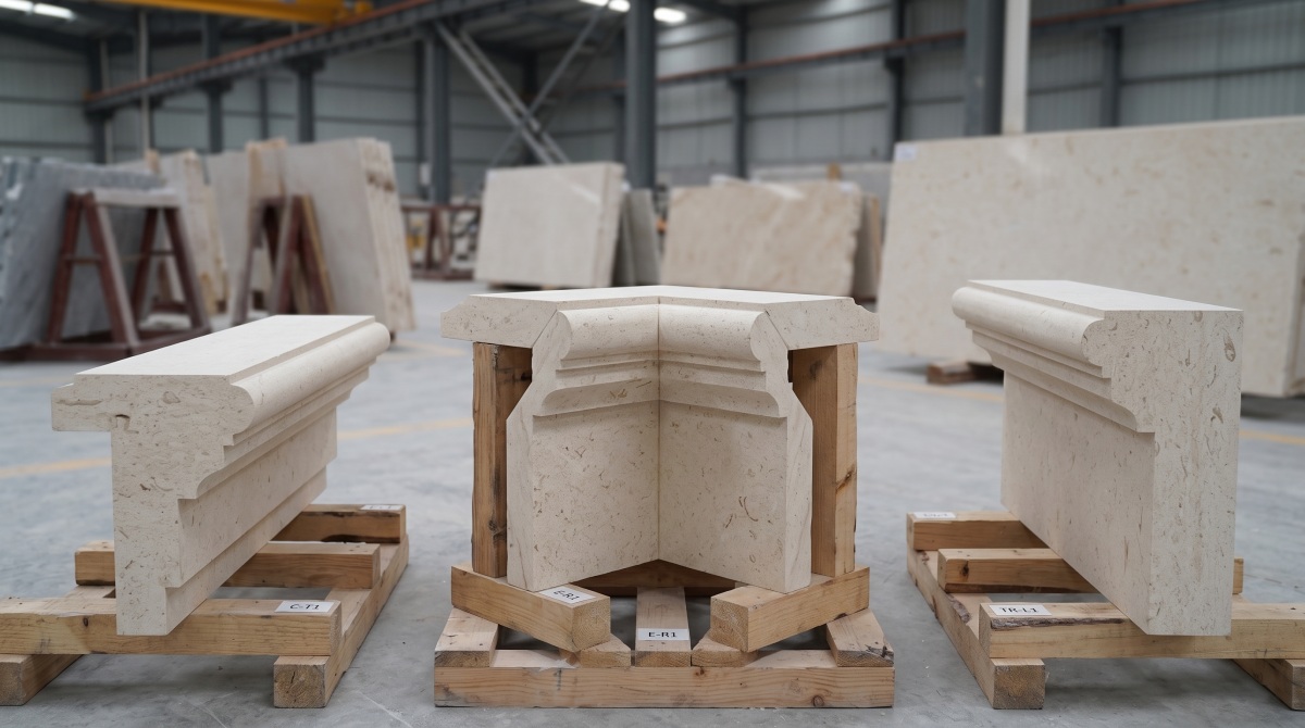  Limestone balustrade end, corner and return components separated for review