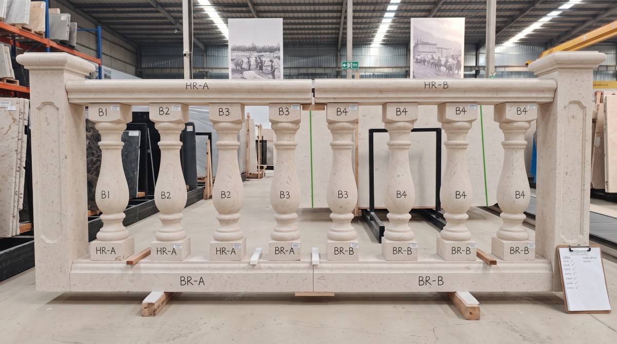 Moonlight Beige Limestone balustrade components dry laid to review joints and profile continuity