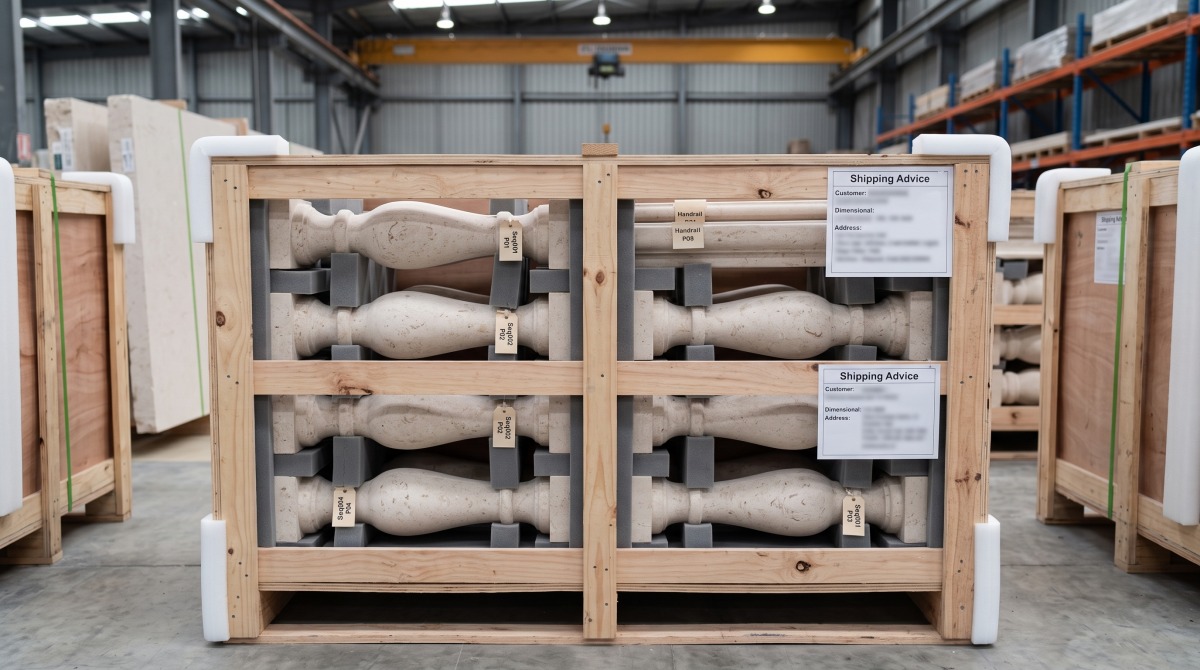 Moonlight Beige Limestone balustrade components protected and packed by piece sequence