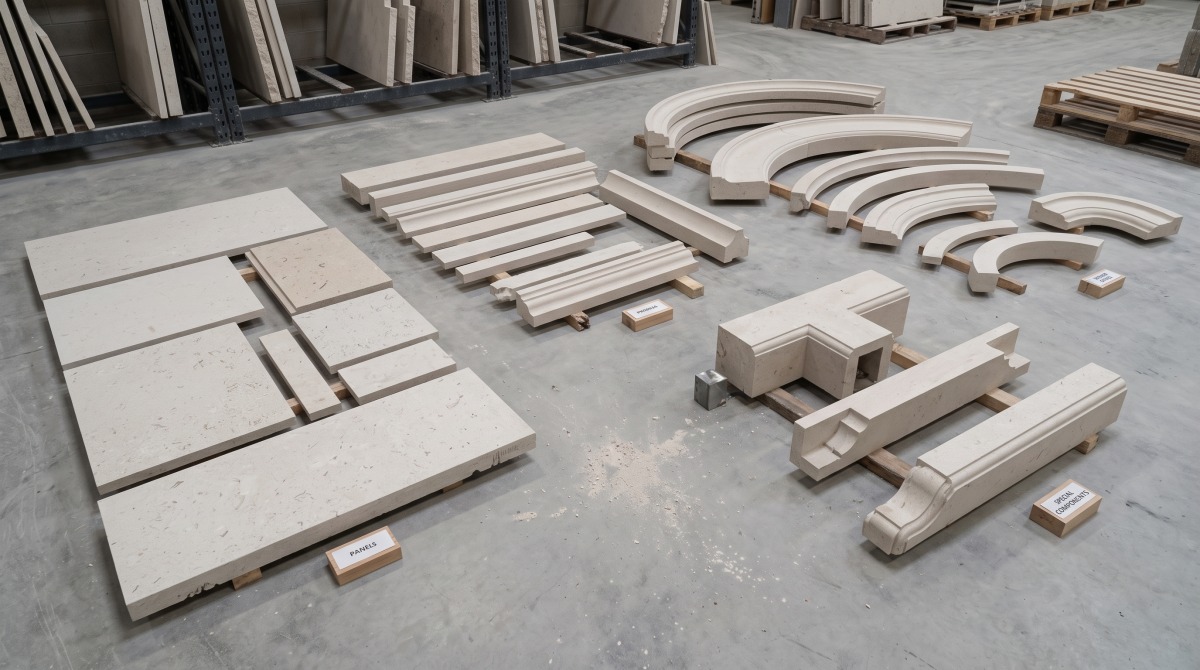 custom-limestone-scope-overview Custom limestone scope grouped into panels, profiles, curved pieces and special components
