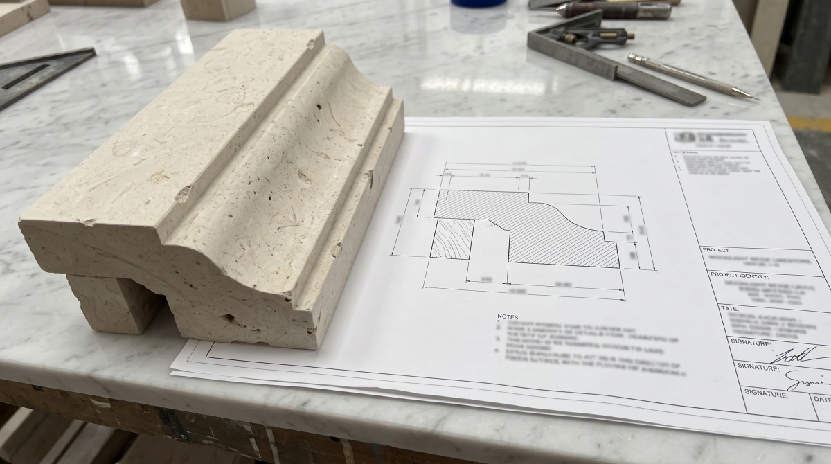 limestone-profile-section-fabrication-review Moonlight Beige Limestone profile compared with a blurred dimensioned section drawing