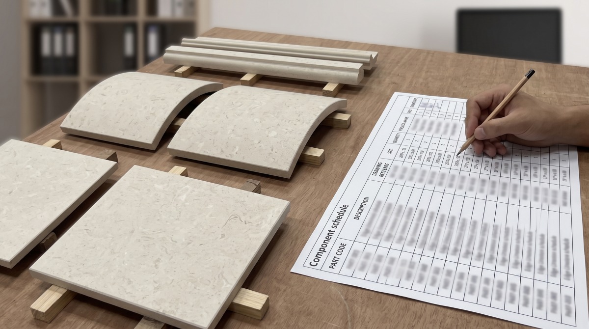 limestone-component-schedule-quantity-review Blurred limestone component schedule reviewed beside separated physical part types
