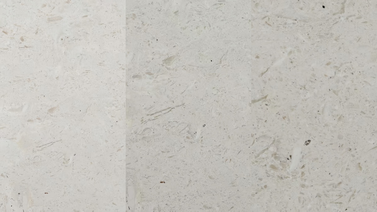 Fossil limestone reviewed at close surface, full panel and architectural viewing distances